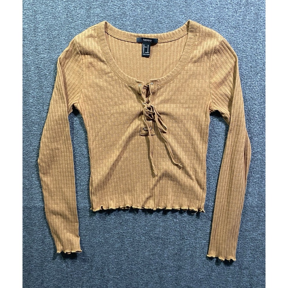 Forever 21 Brown Ribbed Long Sleeve Crop Top Size M